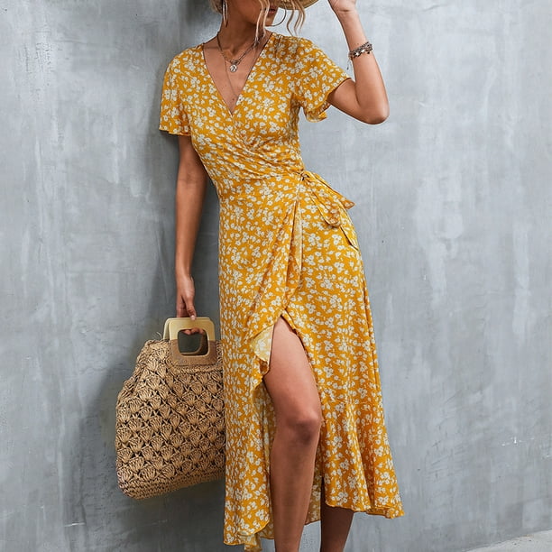 Robe portefeuille jaune new arrivals