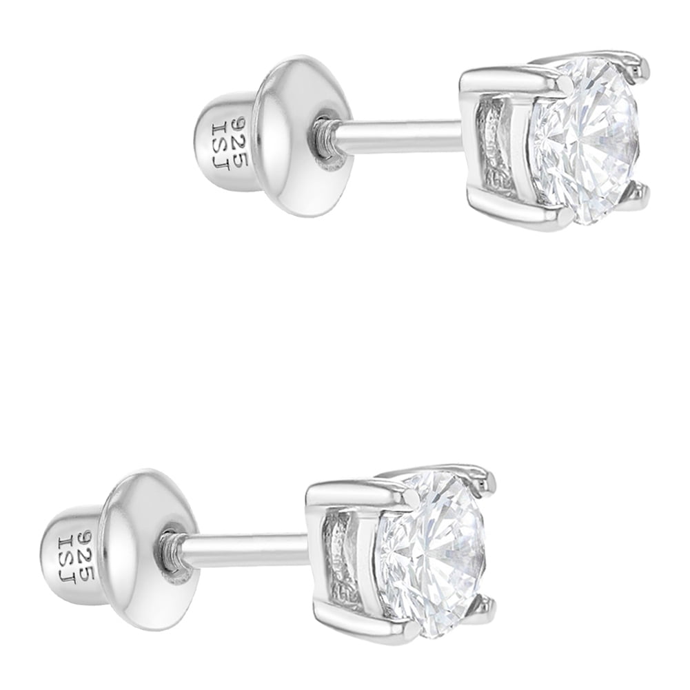 925 Sterling Silver Round CZ Prong Set Screw Back Solitaire Earrings Kids 4mm