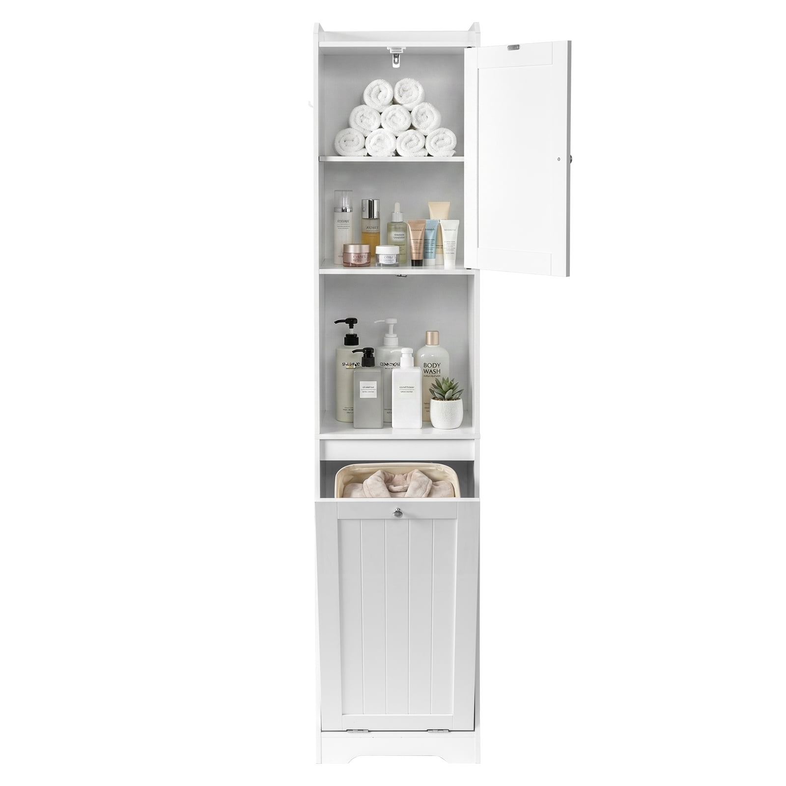 Tall Bathroom Storage Cabinet 180cm Vertical Cabinet White Melamine Laminate Particleboard with Flip-Down Door Non-Woven Fabric Organizer for Bathroom Laundry Room Hallway