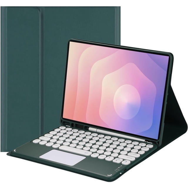 funda con teclado táctil para samsung galaxy tab s11 (11 pulgadas) modelo 2025 (sm-x730/sm-x736b), con portalápices - teclado bluetooth táctil magnéticamente desmontable Turquesa, vista 3/4 frontal con tablet en funda folio; teclado Bluetooth desmontable con teclas redondeadas y panel táctil integrado, soporte de lápiz en la base, cubierta trasera TPU antideslizante y bisagra para múltiple ángulo de visualización; ideal para productividad móvil y toma de notas.