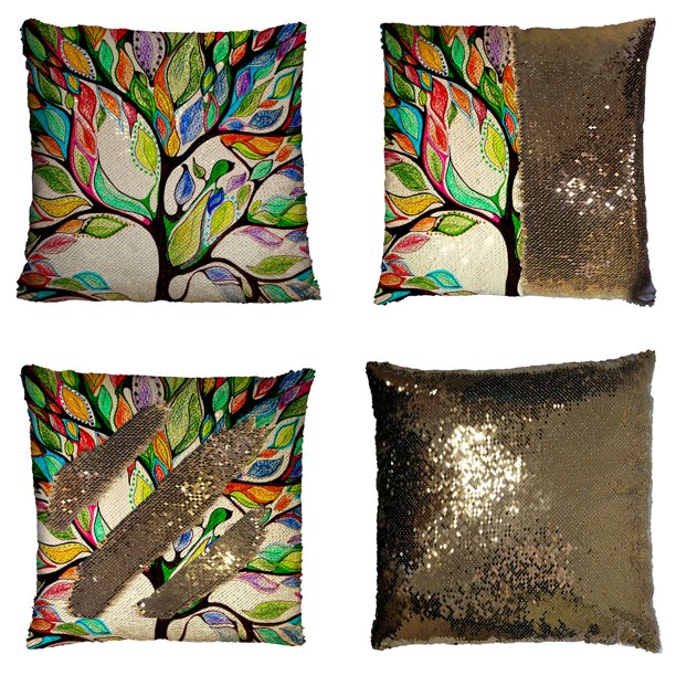 ABPHQTO Funda de almohada Árbol de la vida, Funda de almohada con lentejuelas de sirena reversible de cuero precioso como el árbol de la vida Funda de cojín para decoración del hogar 40x40 cm