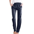 thumbnail image 2 of Women'S Cotton Linen Pants Drawstring Light-Weight Summer Fit Straight Leg Lounge Trouser Navy Blue S, 2 of 3
