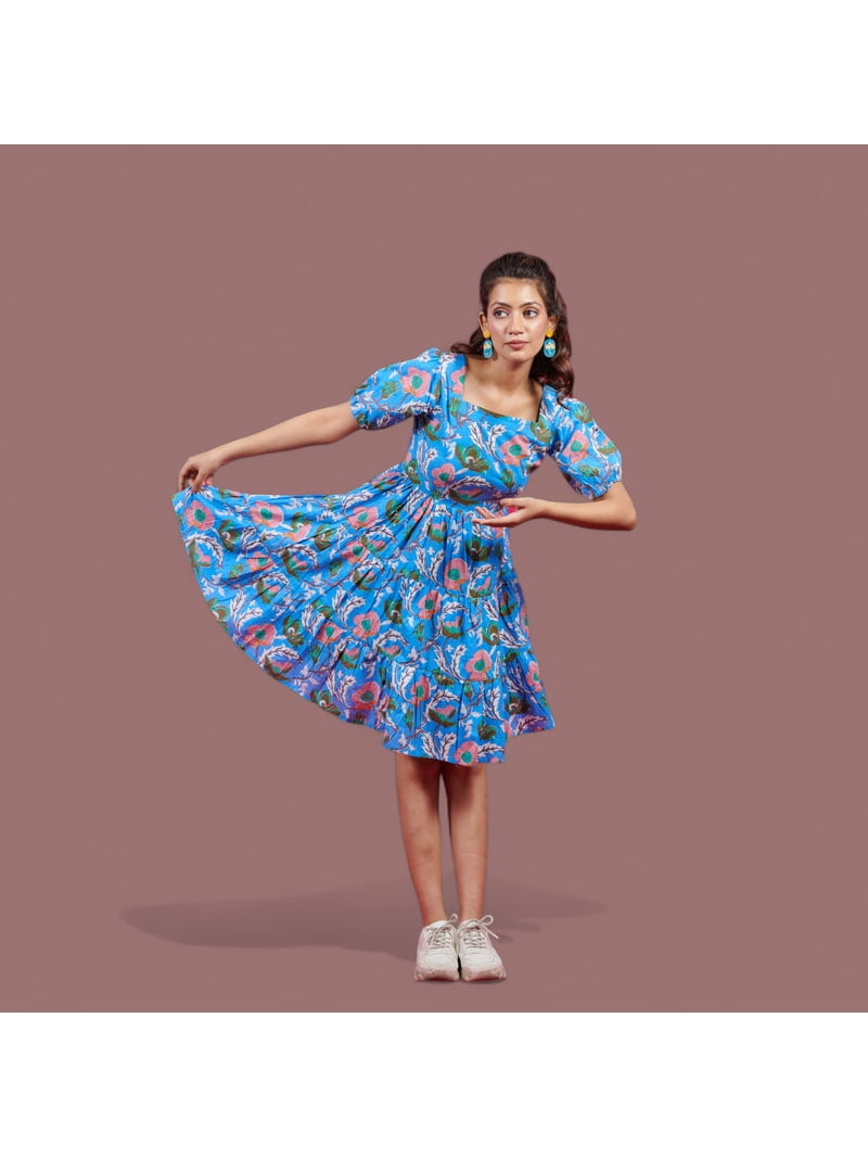 Women's Floral Printed Short Sleeve Babydoll Dress - Bright Blue and Pink -  Walmart.com