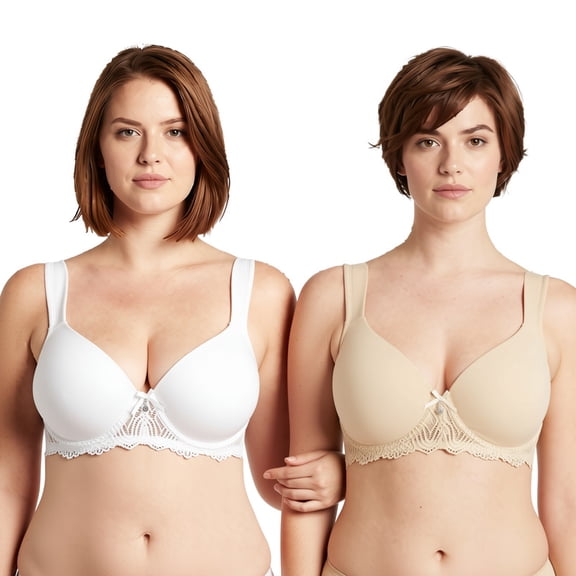 Curve Muse Women's Lightly Padded Underwire Lace Bra with Padded Shoulder Straps-2PK-WHITE,NUDE-34B