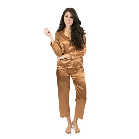 Leveret Womens Satin Pajamas Christmas 2 Piece Pajama Set Size X-Small-XX-Large) (Beige, X-Small)