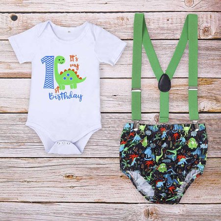 

Leutsin Newborn Infant Baby Boy Dinosaur Gentleman Birthday Romper Straps Shorts Outfits