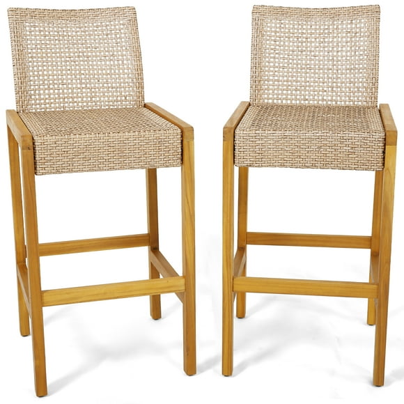 Gymax Wicker Bar Stools Set of 2 Patio Chairs w/ Solid Wood Frame Ergonomic Footrest Light Brown