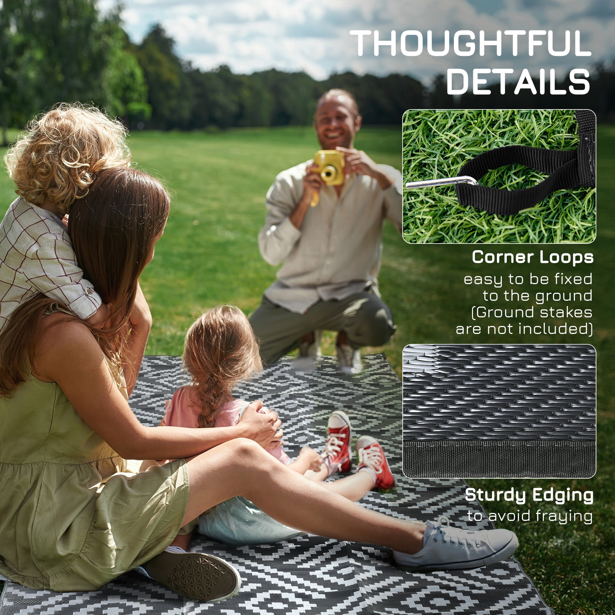 Outsunny RV Mat, Outdoor Patio Rug / Large Camping Carpet with Carrying Bag, 8' x 10', Waterproof Plastic Straw, Reversible, Black & Gray Geometric