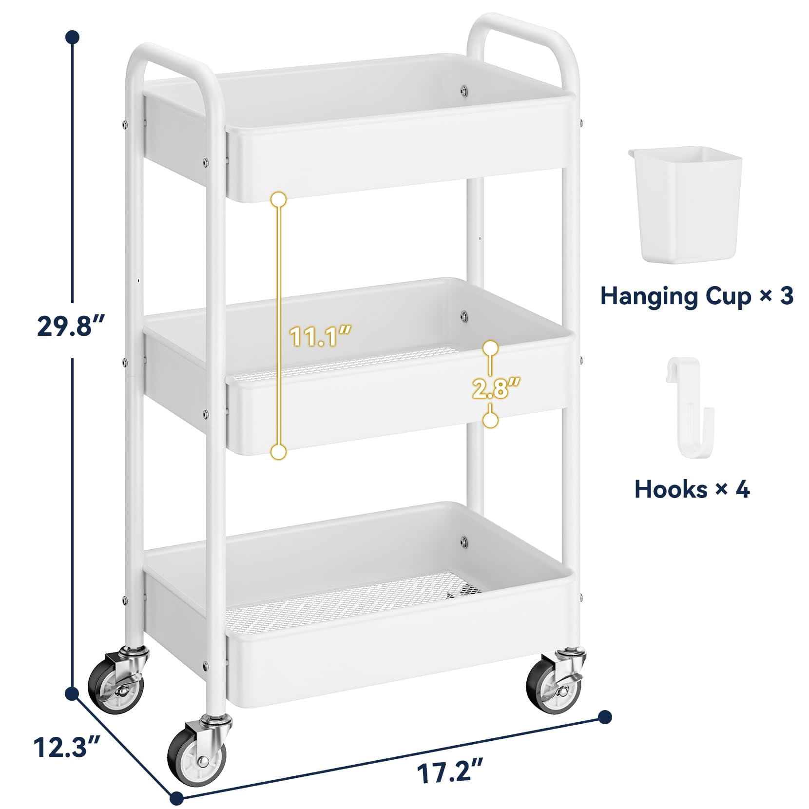 3 Tier Rolling Cart - Metal Utility Cart with Wheels, Hanging Cups, Hooks, Heavy Duty Mesh Rolling Storage Cart Organizer, Craft Cart for Kitchen Office, Lightweight and Sturdy