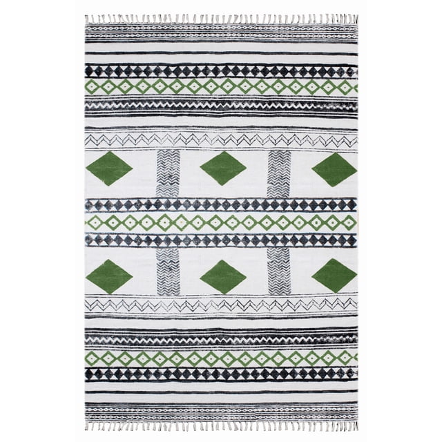 Casavani Block Printed Green Rug For Hallway 2'6"x10' Cotton Runner Area Rugs