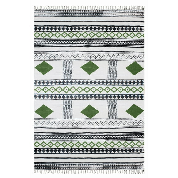 Casavani Block Printed Green Rug For Living Room 5'x5' Cotton Square Area Rugs for Outdoor Patio