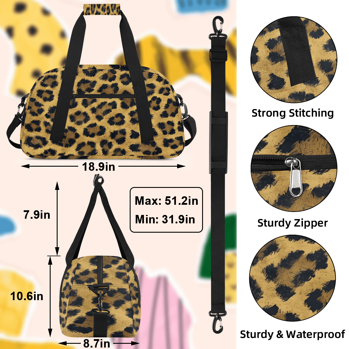 Herdesigns Leopard Sports Duffle Bag for Women & Men, Cheetah Print Gym Bag Dance Bag Overnight Bag Carry On Weekender Travel Bag