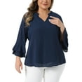 thumbnail image 1 of Blusas de talla grande Agnes Orinda para mujeres, elegantes, con mangas de campana 3/4, blusas de chiffon de doble capa, camisetas de trabajo 1X en azul marino, 1 of 6