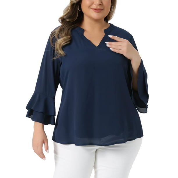 Blusas de manga de campana de 3/4 para mujeres Agnes Orinda, blusas elegantes de talla grande, camisetas de túnica de chiffon de doble capa 2X azul marino