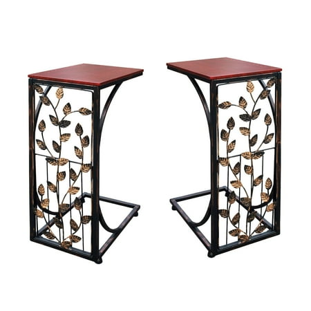 Etna Sofa Side End Tables - Small Metal Leaf Design with Dark Brown Wood Look MDF Top - C-Shaped TV Tray Slides Up To Couch, Chair, Recliner to Keep Snacks, Drinks, Accessories at Easy Reach -Set of 2