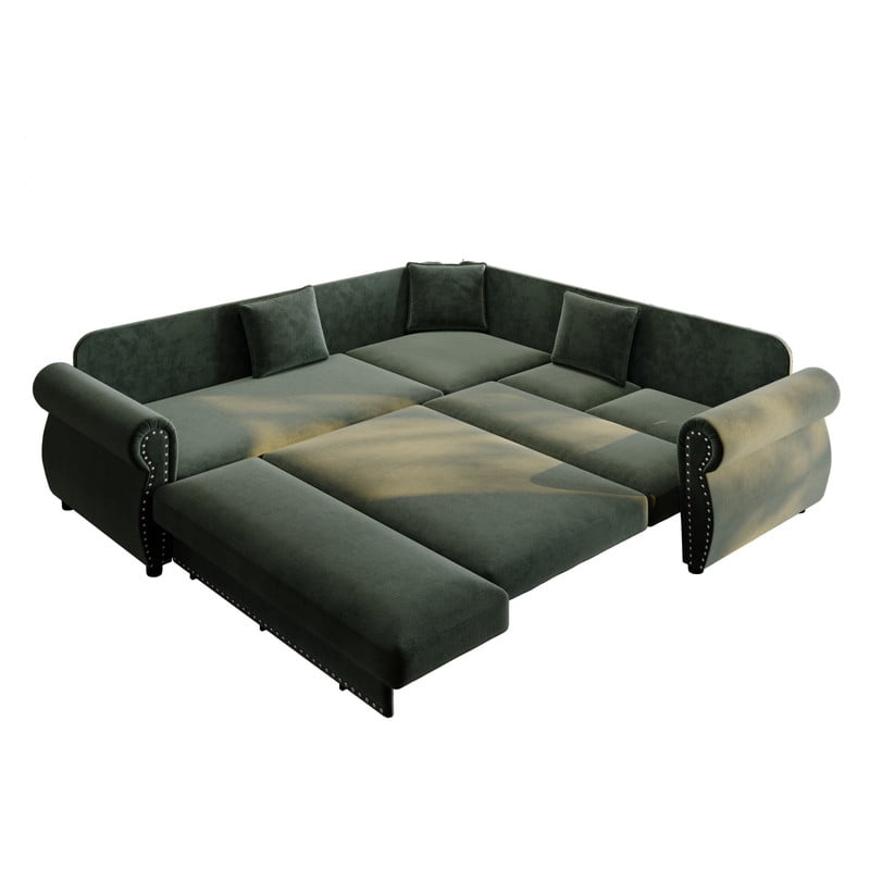88.2" Sectional Sleeper Sofa with Pull Out Bed, Convertible Sleeper Couch with Nailhead Trim, 5-Seat Sectional Sofa Chenille Couch for Living Room Apartment