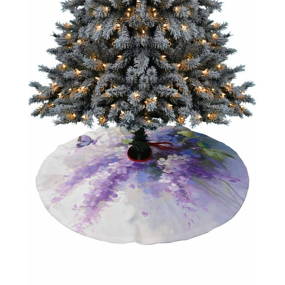 Lavender Christmas Tree Skirt 48 Inches Large Christmas Skirt Tree, Watercolor Purple White Floral Botanical Butterfly Tree Skirt Christmas Decorations for Fireplace Party Holidays Indoor Outdoor