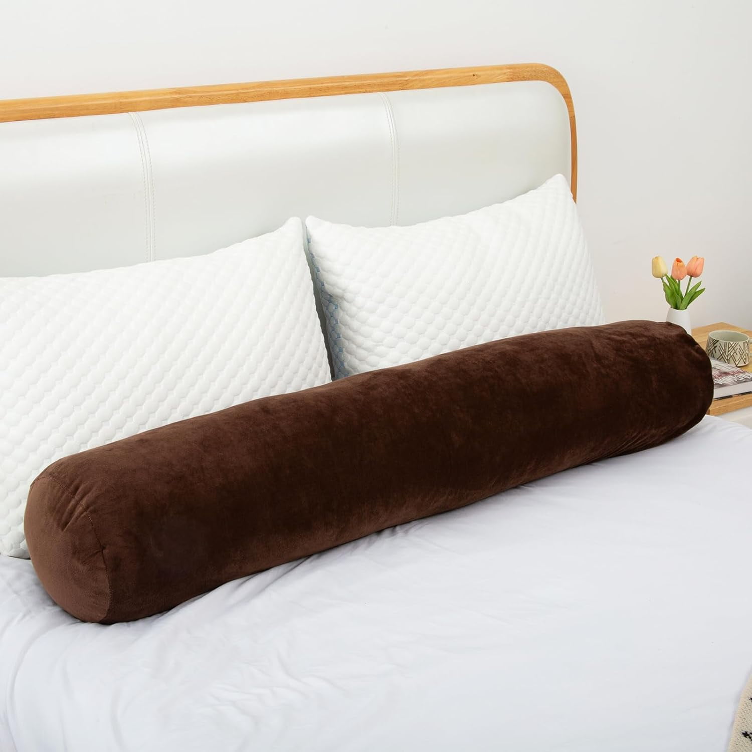 Bolster Pillow for Bed, Long Round Body Pillow for Adults with Removable Velvet Cover, Decorative Tube Roll Cylinder Pillow,