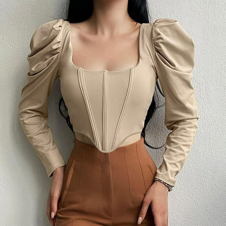

SBYOJLPB Waist Cinchers Woman Solid Color Square Collar Sexy Puff Sleeve Corset Short Top Khaki 6(M)