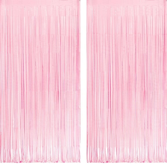 Pastel Pink Metallic Tinsel Foil Fringe Curtains, 2 Pack 3.3x6.6 Feet Streamer Backdrop Curtains for Birthday, Halloween Decor, Foil Curtain Backdrop for Bachelorette Party Decorations