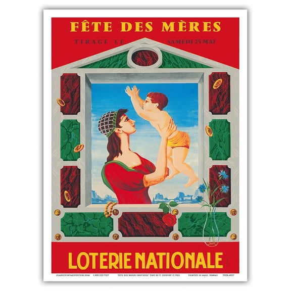 Mothers' Day - Drawn On Saturday May 25 - French National Lottery - Vintage Advertising Poster by F. Lesourt c.1963 - Master Art Print (Unframed) 9in x 12in