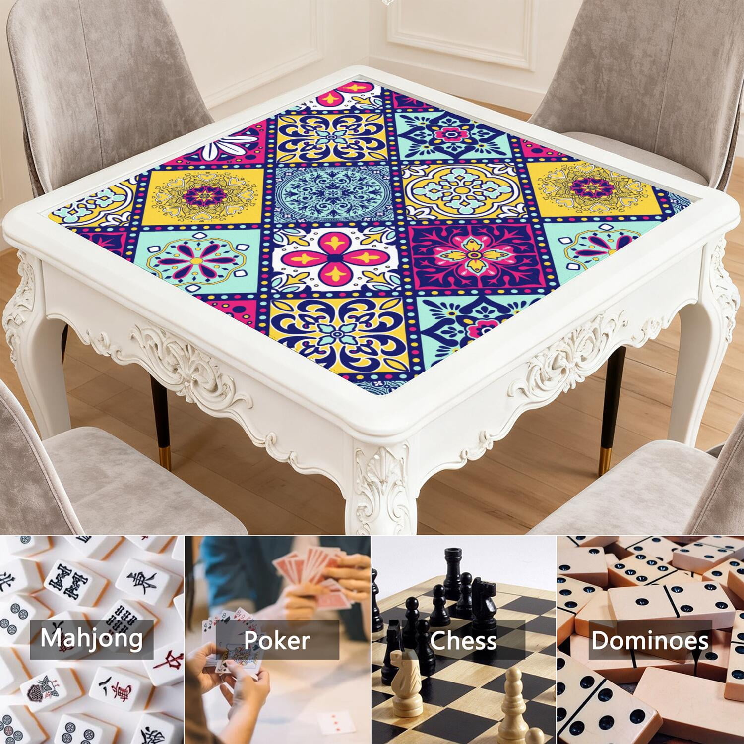 Colorful Mahjong Mat with Rules, 31.5*31.5in Anti Slip American Mahjong Mat for Table, Noise Reduction, Neoprene Mah jongg Mats with Carrying Bag & 3 Dices, Mahjong Set Gift, Board Tile Games Mats