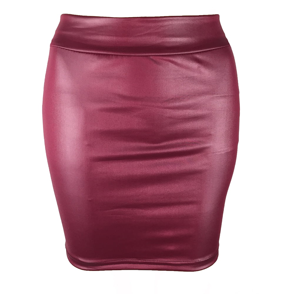 Women Mini Skirt Solid Color PU Leather Pencil High Waist Bodycon Short ...