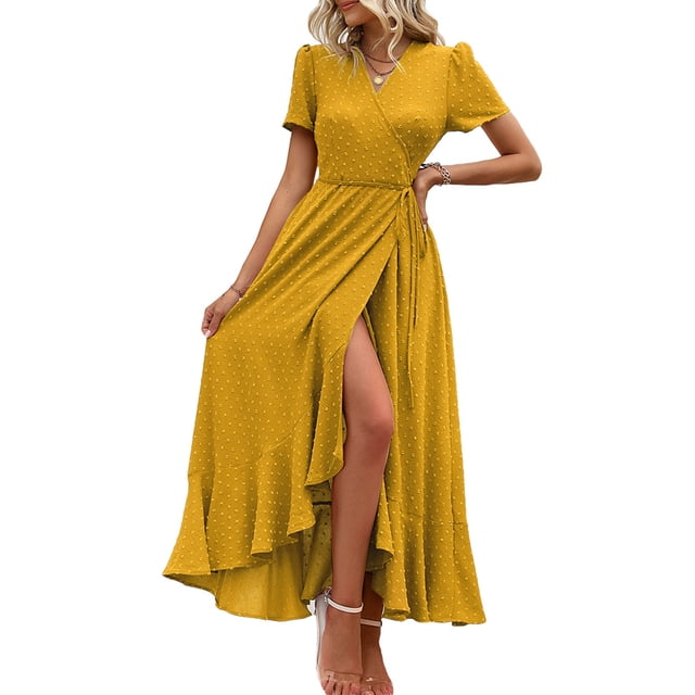 Vestido PRETTYGARDEN Boho Floral Cruzado Maxi Cúrcuma XXL
