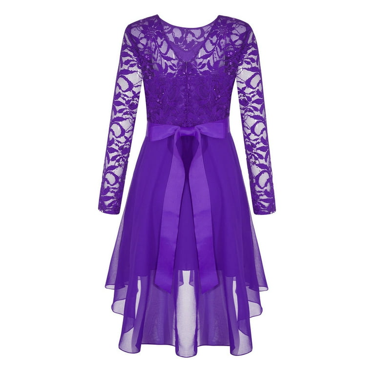 YONGHS Girls Elegant Lace Flower Girl Dress Long Sleeve A-Line High Low Hem  Junior Bridesmaid Dress Purple 14 - Walmart.com