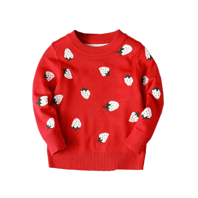 WEAIXIMIUNG Chandail Noir pour Filles Taille 12 Chandail à Manches Longues Imprimé Fraise Tricoté Chaud