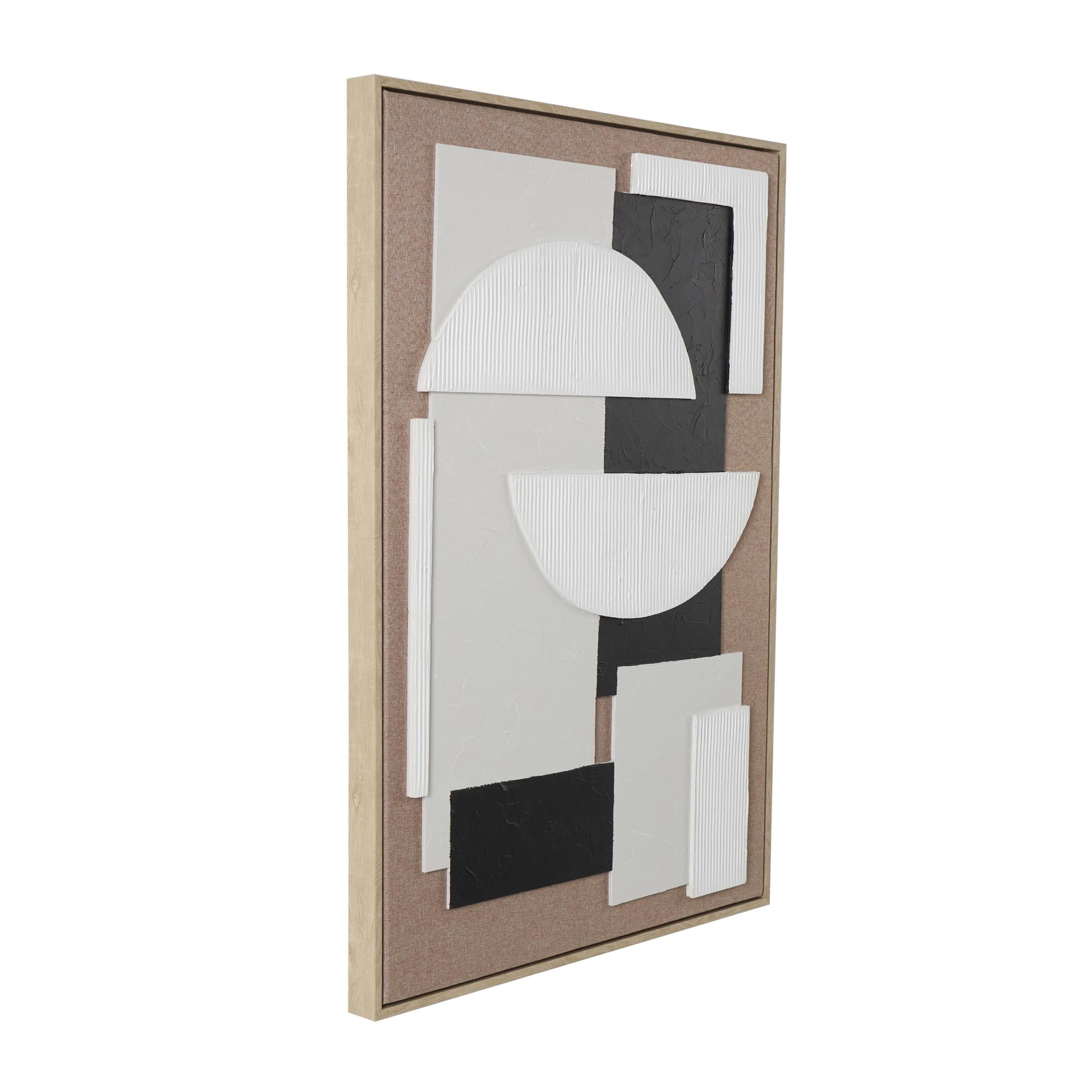 25" x 37" Textured Geometric Framed Wall Art with Abstract Black and White Shapes and Fabric Backing, by DecMode