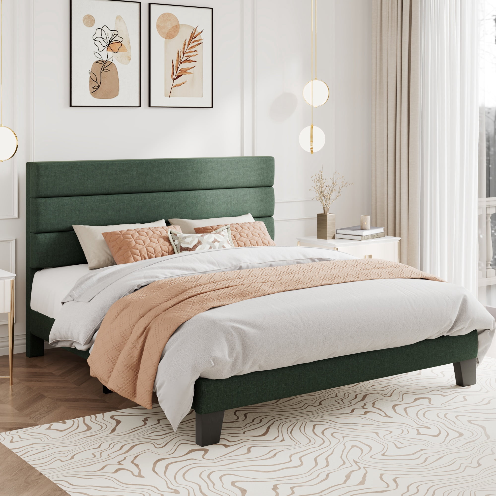 Amolife Full Bed Frame, Platform Bed Frame with Chenile Fabric Upholstered Slat Headboard, Green