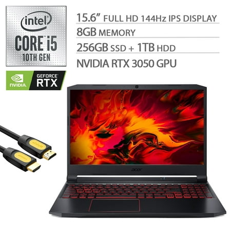 Acer Nitro 5 Gaming Laptop, 15.6" FHD 144Hz IPS Display, NVIDIA GeForce RTX 3050, Intel Core i5-10300H, 8GB RAM, 256GB NVMe SSD+1TB HDD, USB-C/HDMI/RJ45, Wi-Fi 6, Mytrix HDMI 2.0 Cable, Win 10
