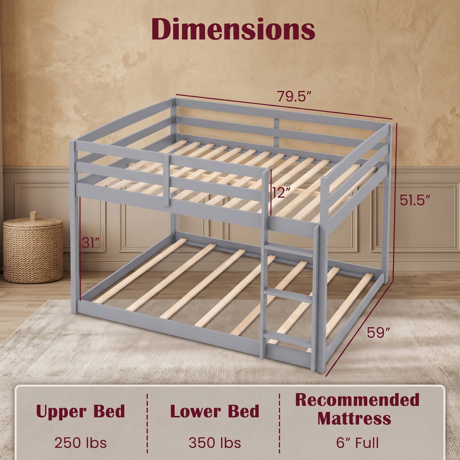 Furnibear Full Over Full Low-to-ground Wood Bunk Bed with Guardrails and Integrated Ladder for Kids and Shared Rooms, Gray
