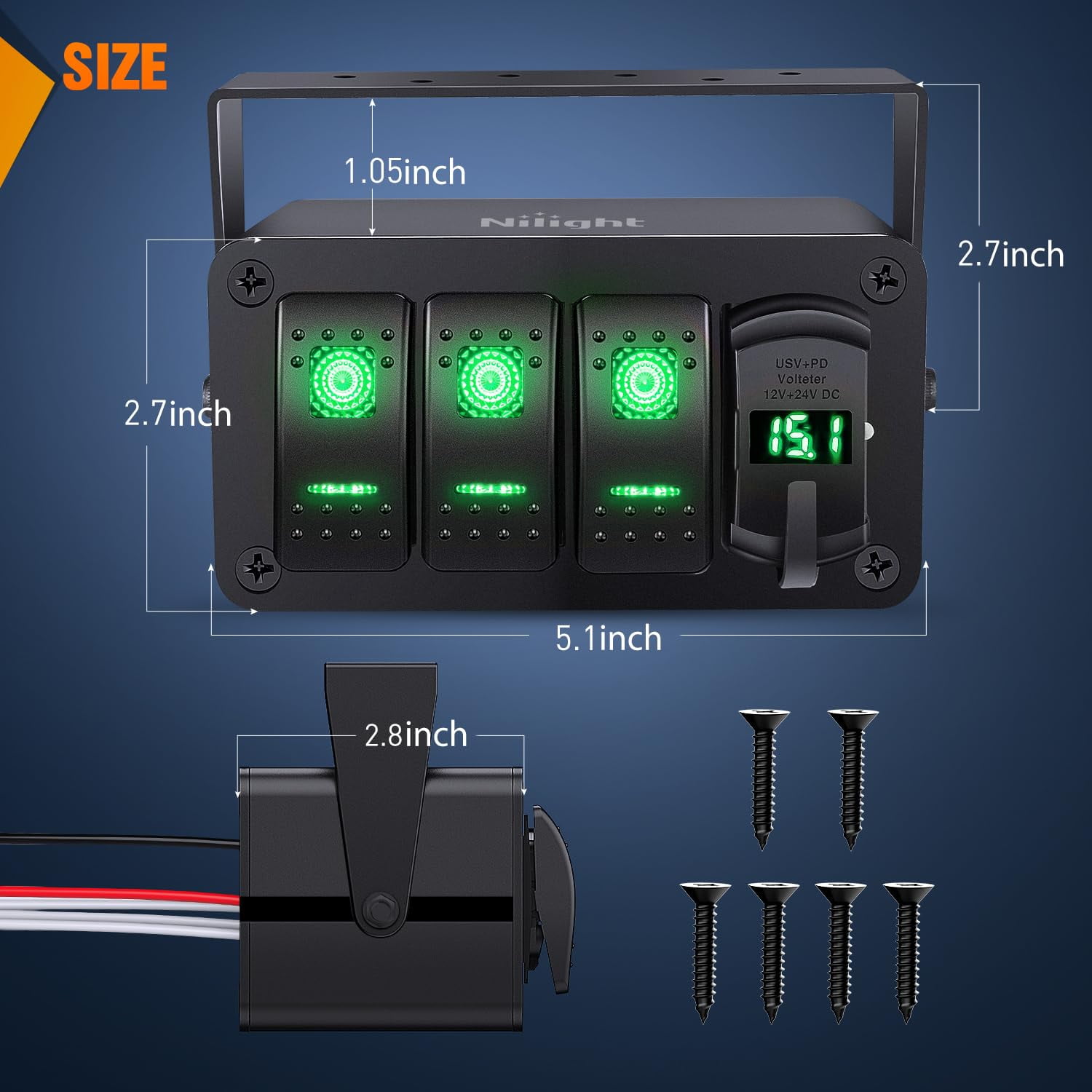 Nilight 3 Gang Rocker Switch Box 12V SPST ON Off Toggle Switches PD Type C and QC USB Charger Voltmeter LED Light Waterproof Aluminum Mount Bracket Panel DIY Stickers for Boat Car RV Truck