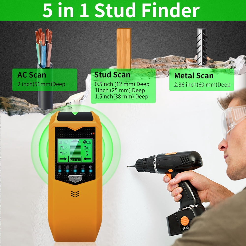 Stud Finder Wall Scanner, 5 in 1 Stud Detector with HD LCD Display for Center and Edge of Wood Metal AC Wire Detection - Yellow