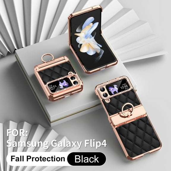 Dteck for Samsung Galaxy Z Flip 3 with Ring Holder,Luxury Leather Phone Cases with Bling Diamond Stand Flip Plating Hinge Protecttion Shockproof Protector for Galaxy Z Flip 3 5G 2021 Women Girls,Black