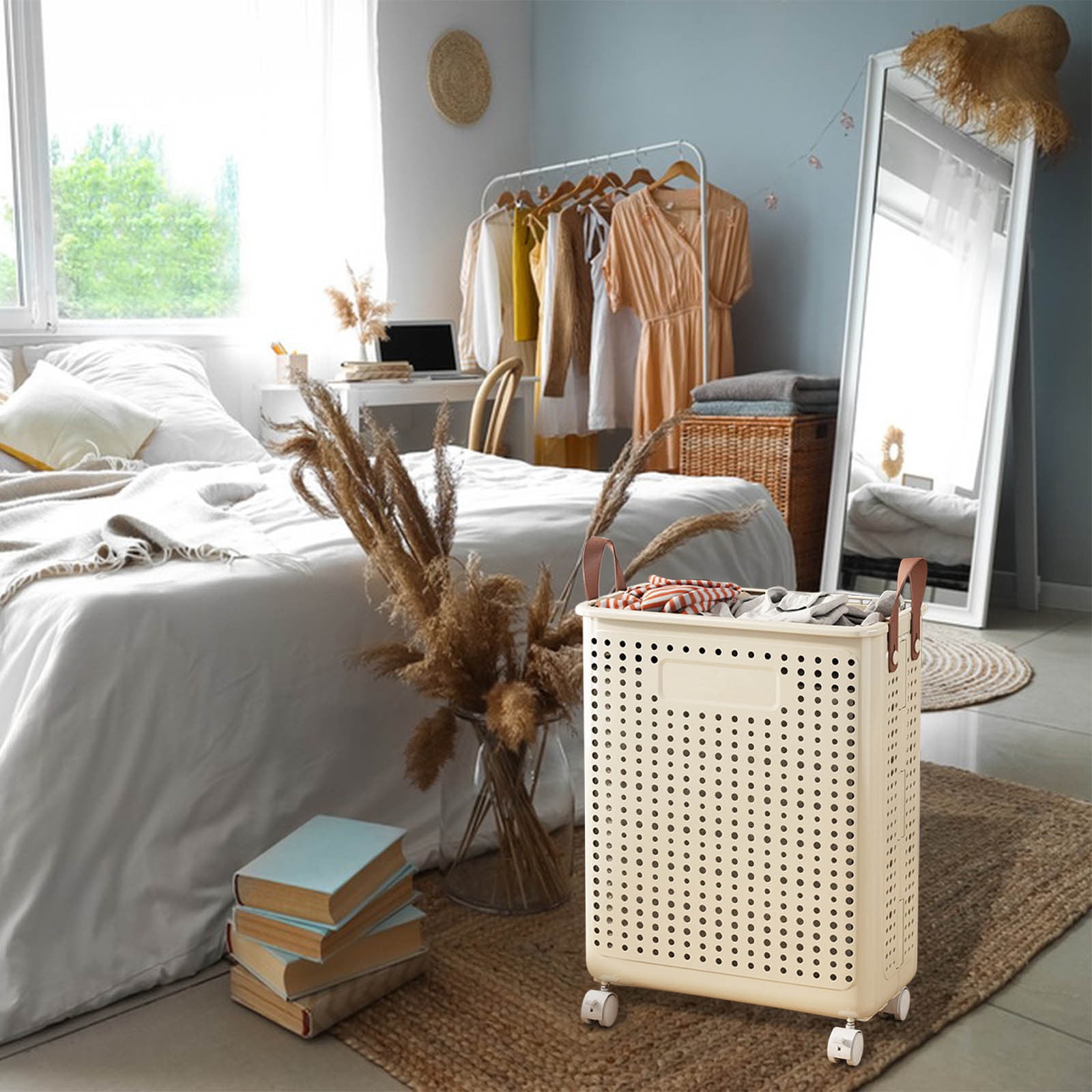 Kbndieu Collapsible Laundry Baskets, Clothes Hampers for Laundry with Heavy-Duty Wheels, Large Laundry Hamper for Bedroom, Bathroom, Dorm, Laundry Room, Beige
