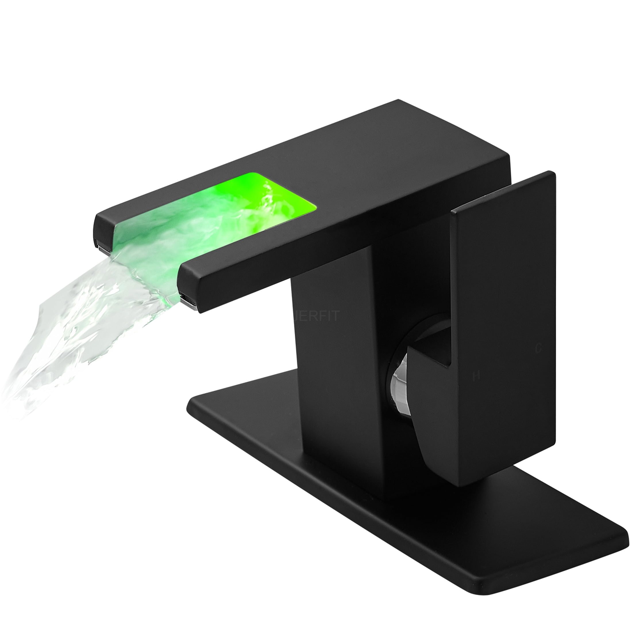 JERFIT 1-Hole LED Waterfall Bathroom Sink Faucet, Single Handle Black Brass Faucet with Temperature Sensing Light for Vanity Basin