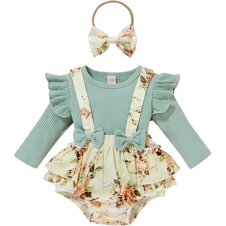 

GRNSHTS Newborn Infant Baby Girls Outfits Fly Sleeve Rib Knit Tops + Bow Suspender Skirt +Headband 3pcs Fall Clothes Set(Green 0-6Months)
