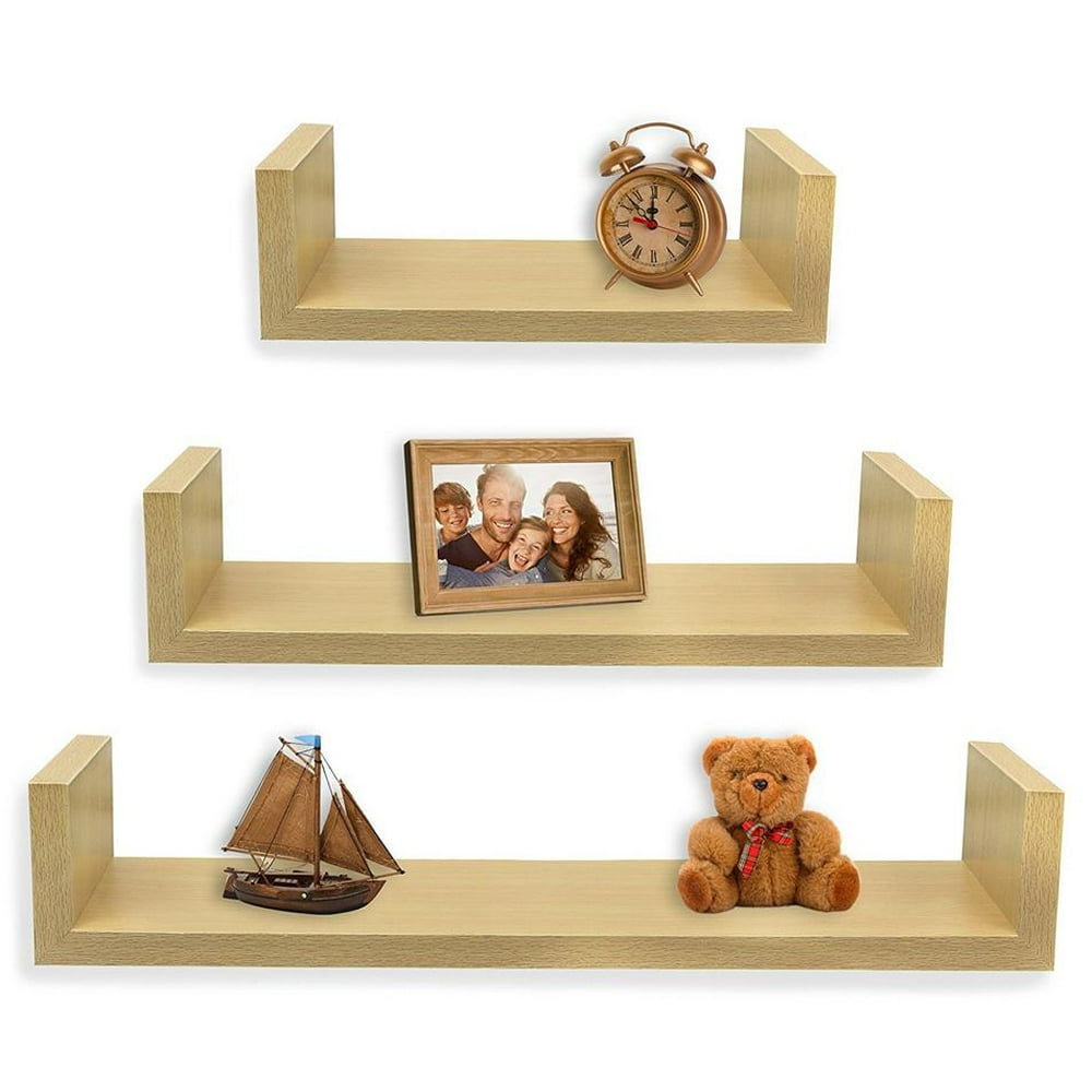 Greenco Set of 3 Floating U Shelves, Natural Finish