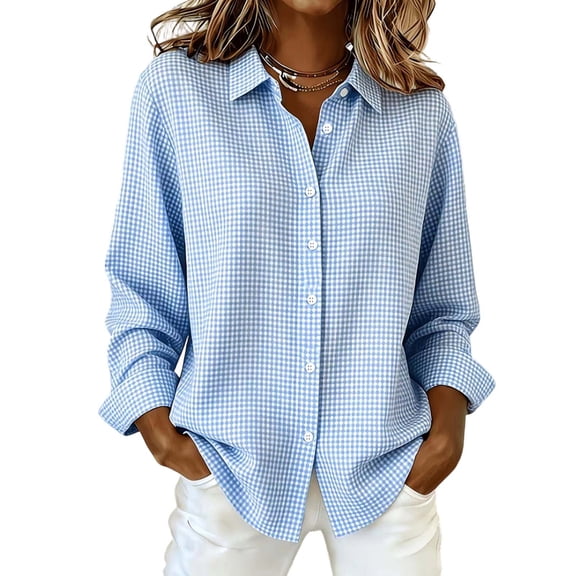 Qgtaibl Womens Plaid Blouses Loose Fit Long Sleeve Gingham Shirts Lapel Button Down Check Tunics for Work Daily Wear Light Blue L