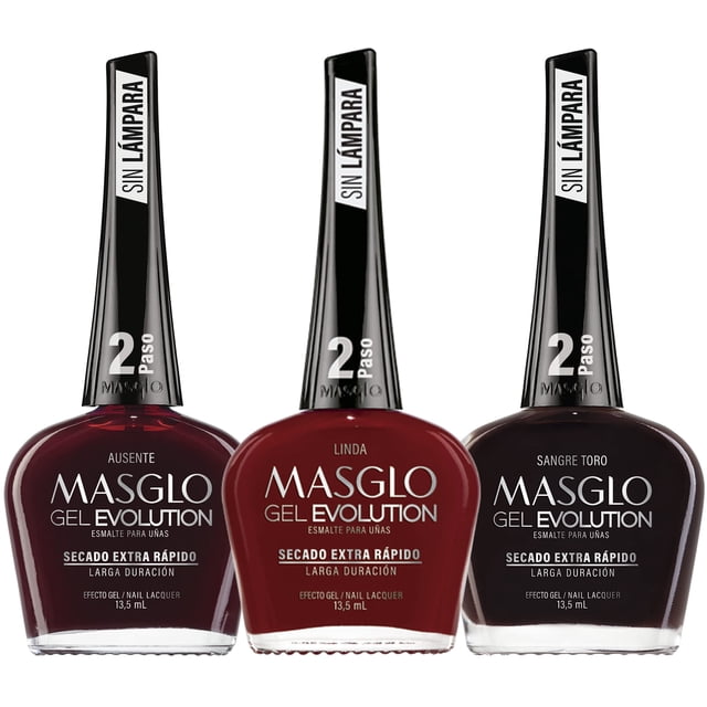 MASGLO- GEL EVOLUTION Esmalte de Uñas Efecto Gel, Sin Lámpara UV/Led, Duración Hasta 12 días, 3 uds Tonos Rojos Co