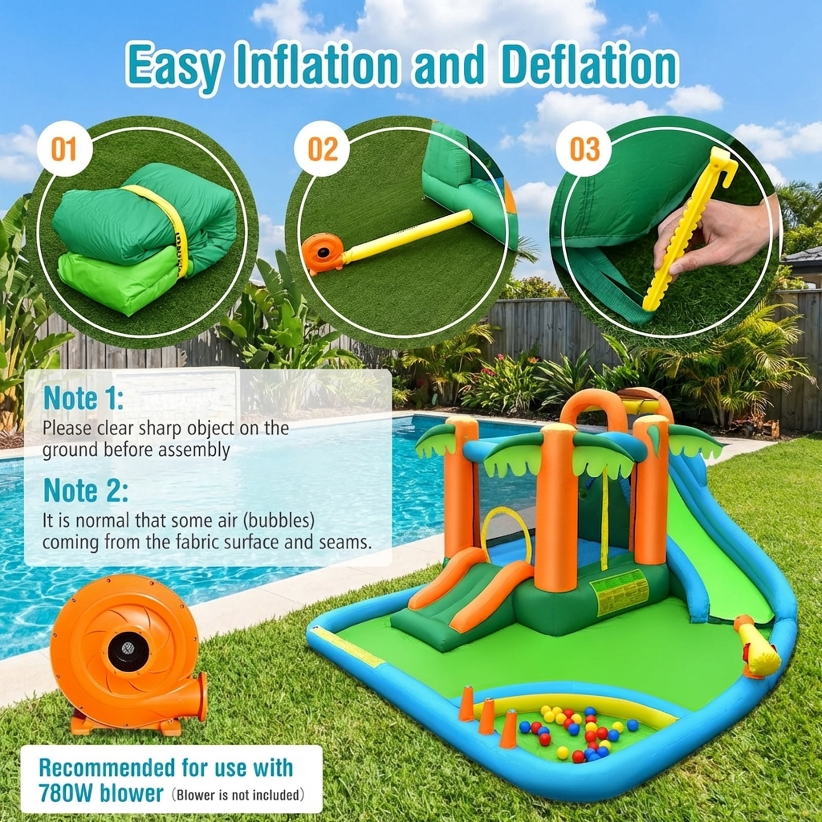 Redsmile 7-in-1 Inflatable Water Slide Park with 780W Blower - Multicolor - Kids Birthday Party - Backyard Fun