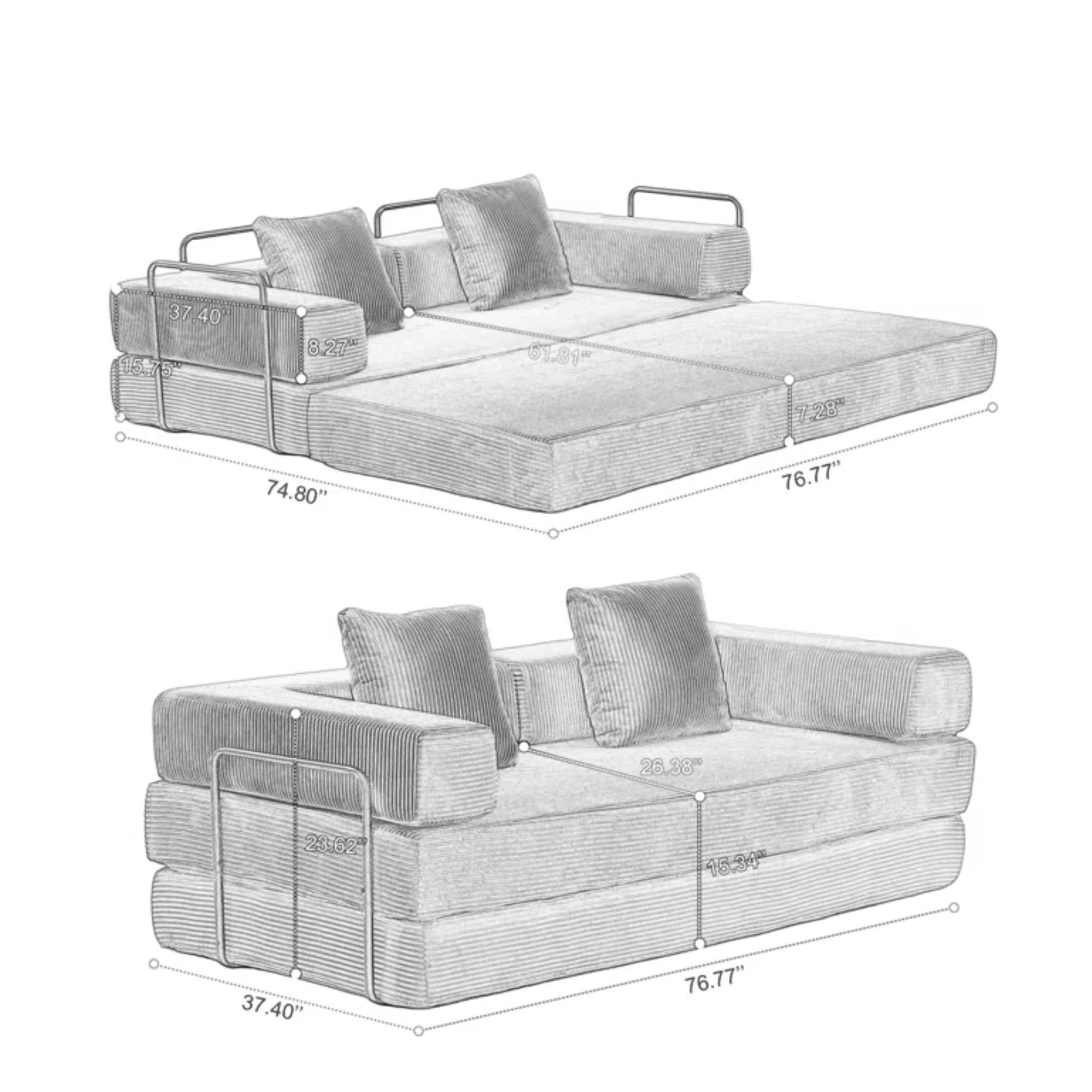 Convertible Sleeper Sofa Bed with Pillow, Corduroy Folding Mattress Floor Sofa Lounge Couch for Living Room, Bedroom, Dark Grey
