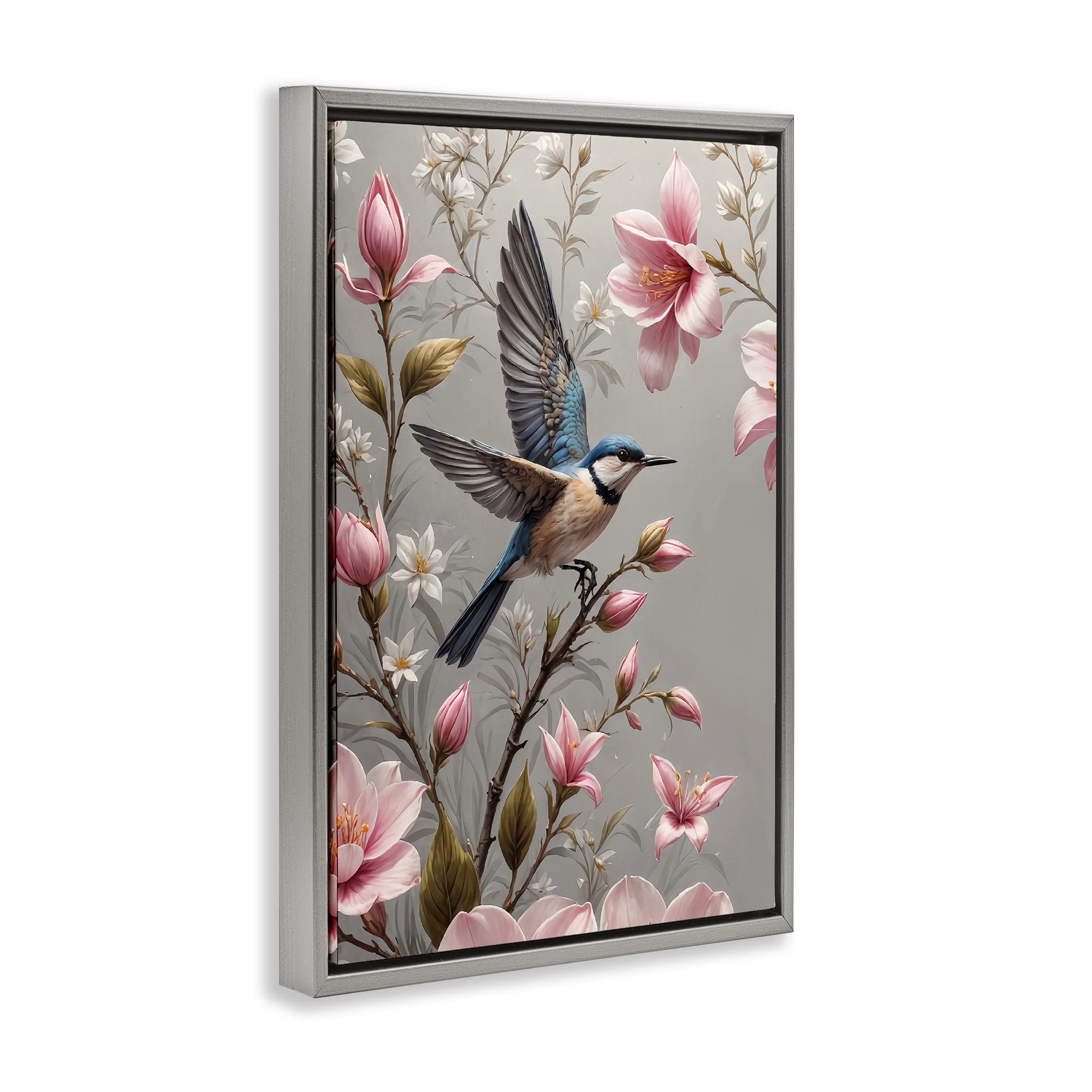 Stupell Industries Soft Pink Florals with Bird Animals Painting Gray Floater Framed Canvas Art Print Wall Art, 21 x 31