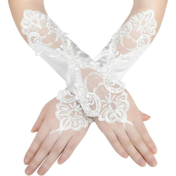 Zhengup Short Opera Party 20s Satin Gloves Stretchy Adult Size Tea Party Wedding Lace Gloves 11.8 "