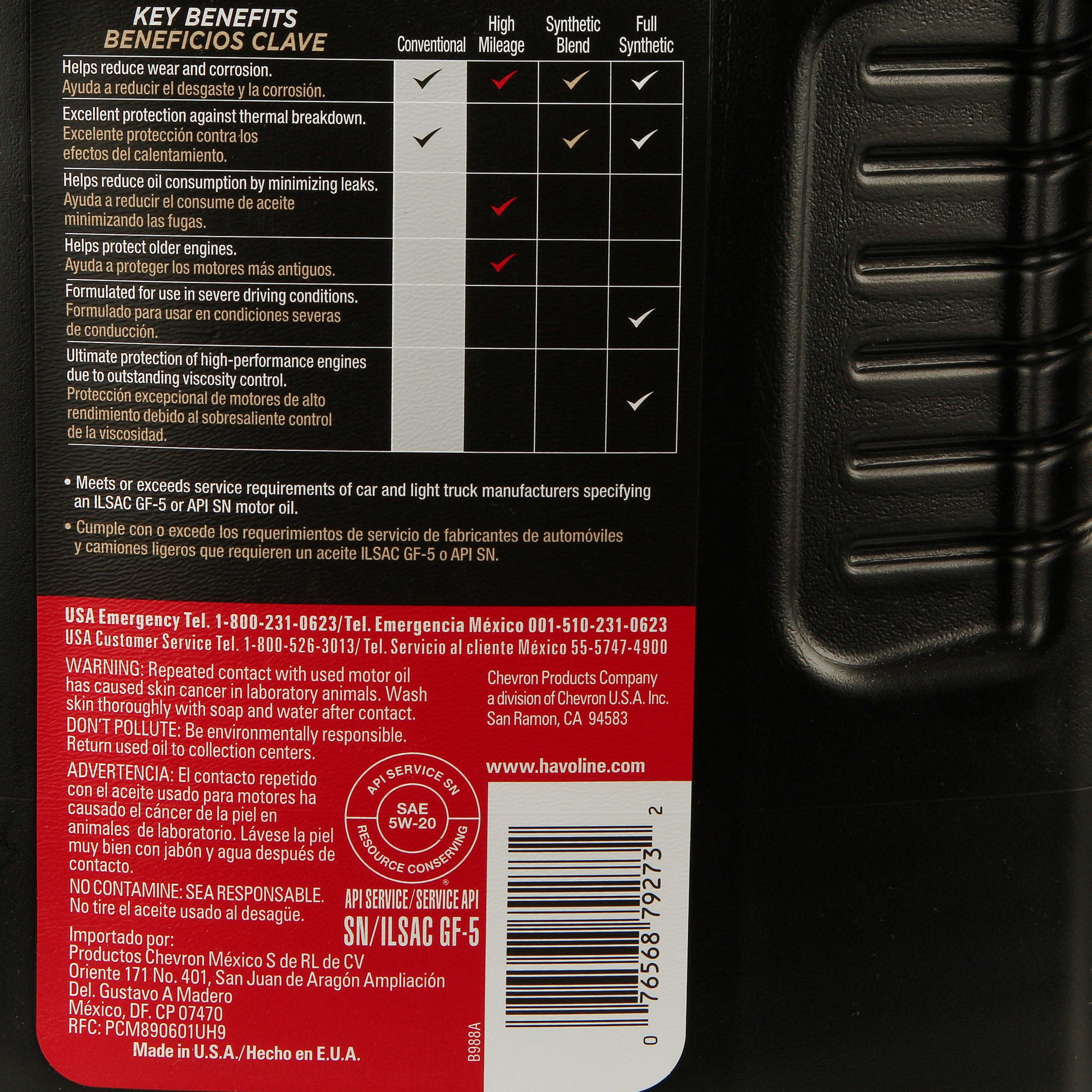 Chevron Havoline Synthetic Blend Motor Oil 5W-20, 5 Quart Jug