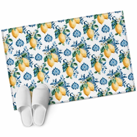 Bathroom Rugs 2x3 Ft, Blue Flowers Non Slip Area Rugs for Kitchen Bedroom Entryway, Yellow Lemons Summer Fruit Pastoral Washable Carpet Runner Rug Floor Mats for Bedroom Home Decor