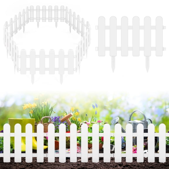 White Plastic Garden Picket Fence, Decorative Garden Edging Border, 24 Pieces, for Lawn, Flowerbeds, Plant Borders, Decorative Yard